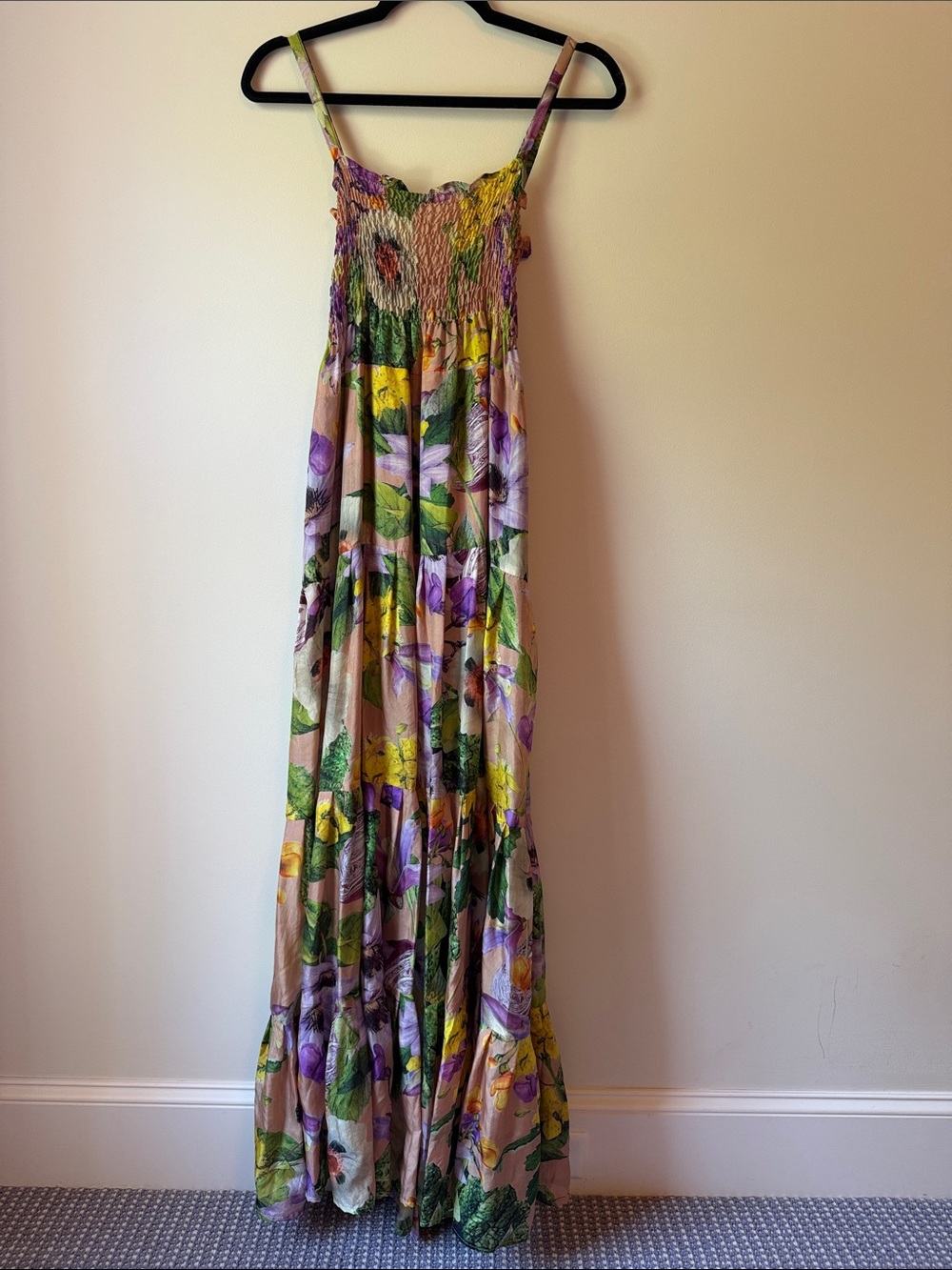 Smocked Floral Maxi Dress in Purple & Green